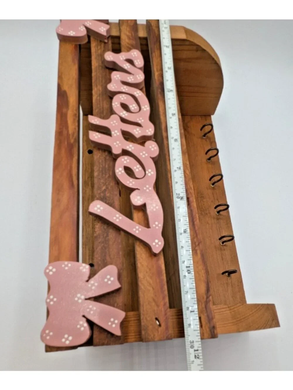 Vtg Wood Key Mail Letter Hanging Holder Rack Wall Mount 6 Hooks Pink Bows 12